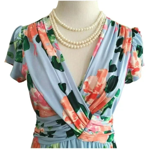 Size 12 VINCE CAMUTO BLUE FLORAL PRINT MIDI DRESS Summer‎ Wedding Party Church - Picture 3 of 7